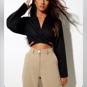 Motel Rocks Long Sleeve Cropped Button Up Blouse Wrap Tie Top Rockabilly NWT Y2K